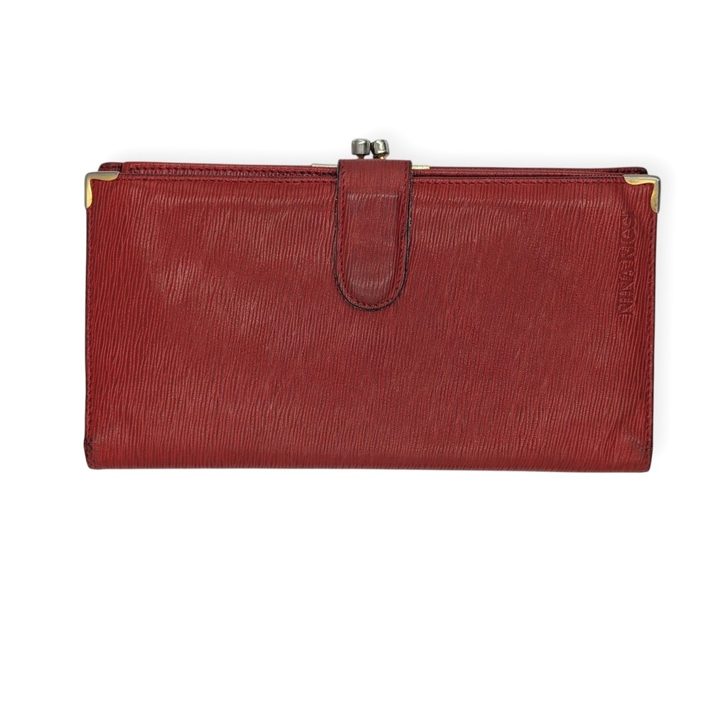 Nina Ricci Wallet Red Embossed Leather Bifold Kiss Lock Clutch Italy Vintage
